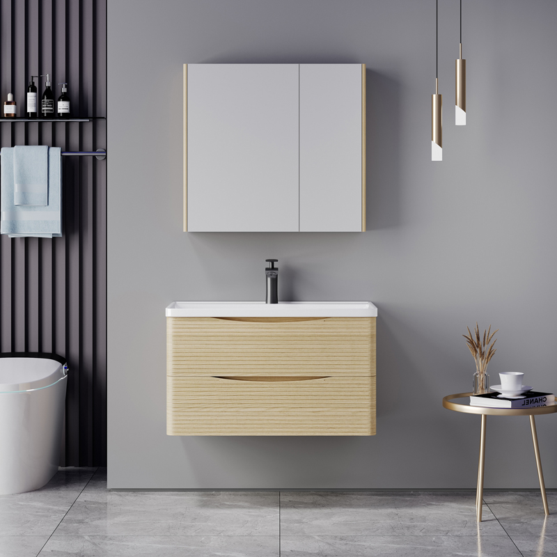 Tzouena pakoworld oak countertop with sink and mirror