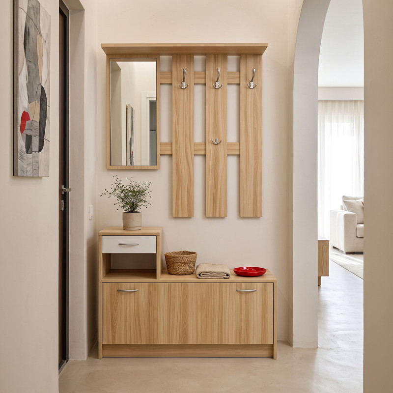 Έπιπλο εισόδου Jentia pakoworld  με καθρέπτη sonoma με λευκό MDF 100x24x186εκ