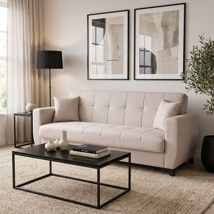 Sofa Bed Modesto pakoworld three seater with storage space beige fabric 215x84x83cm