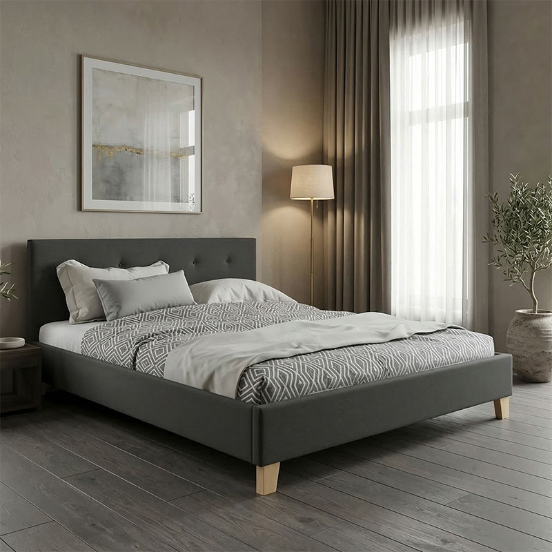 Κρεβάτι Mago ύφασμα σε ανθρακί απόχρωση με φυσικό ξύλινο πόδι 140x200εκ