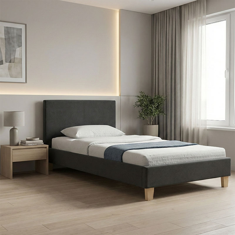 Bed Nevil pakoworld anthracite fabric-wooden natural color leg 90x190cm