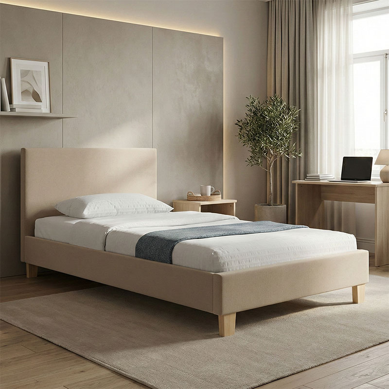 Bed Nevil pakoworld ecru fabric-wooden natural color leg 100x200cm