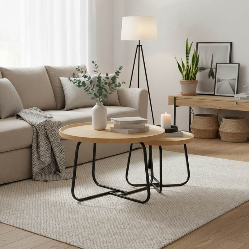 Tραπέζια σαλονιού Crismory σετ 2τεμ MDF σε φυσική απόχρωση και μαύρα μεταλλικά πόδια