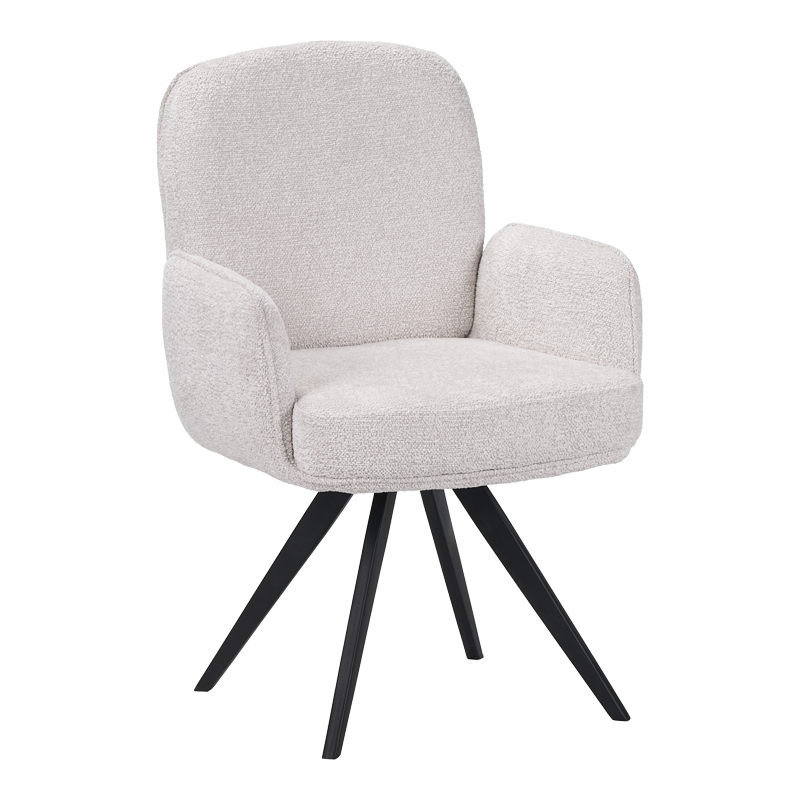 Novo swivel armchair, white bouclé fabric, black metal legs, 65.5x60x90cm