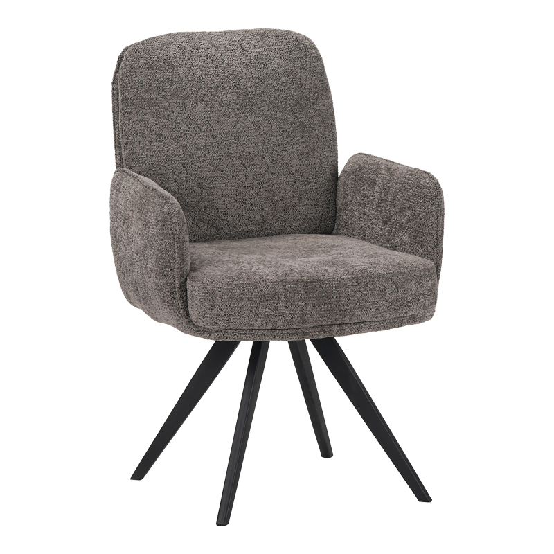 Novo swivel armchair grey bouclé fabric, black metal legs, 65.5x60x90cm