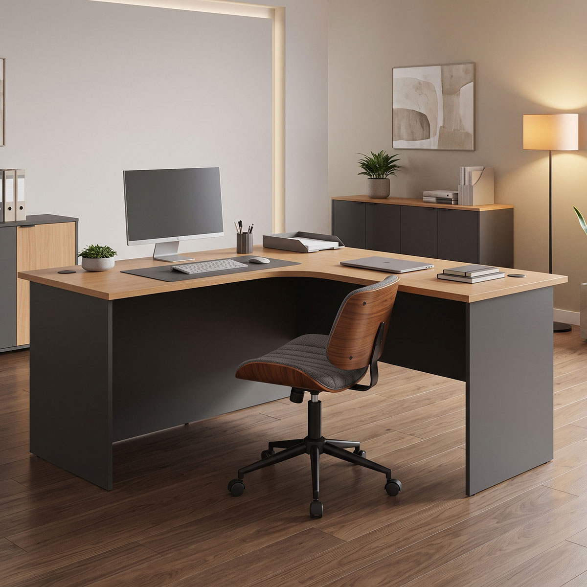 Professional left corner desk Fesialo pakoworld natural-anthracite 150x150x75cm