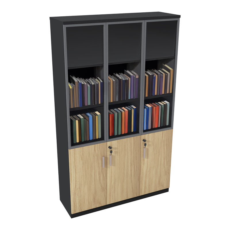 Bookcase Lotus with glass and wood in natural - dark grey color 120x40x200cm