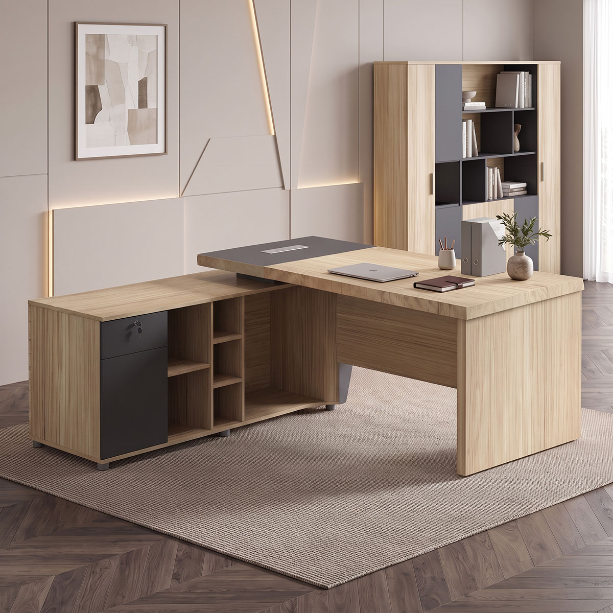 Lotus pakoworld professional desk left corner in natural-anthracite shade 180x180x75cm