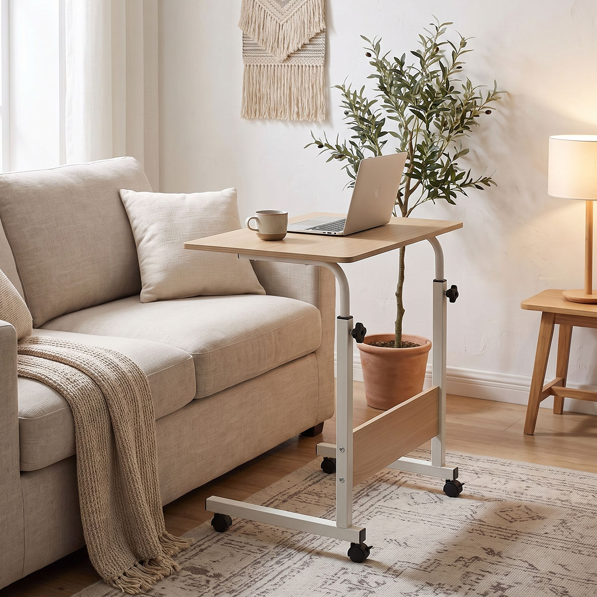 Metalic lifting computer table Piper pakoworld MDF in light oak color 60x40x69-90cm