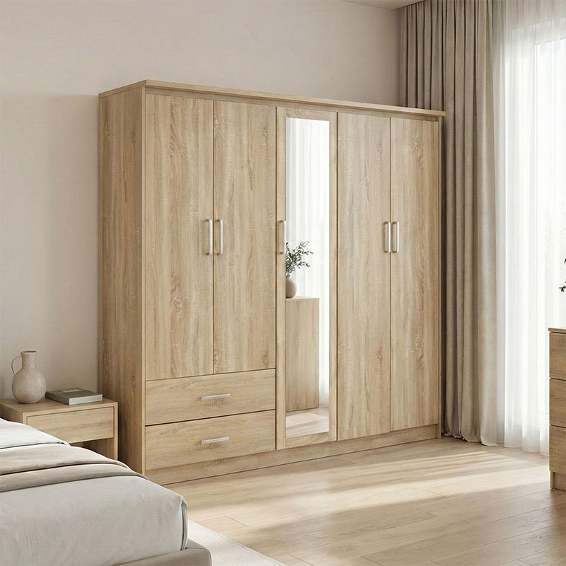Wardrobe Olympus pakoworld with 5 doors and drawers+mirror in sonoma colour 198x57x183