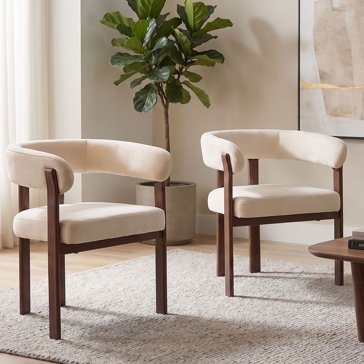 Armchair Erebus pakoworld cream fabric with walnut metal leg 64x55x76.5cm