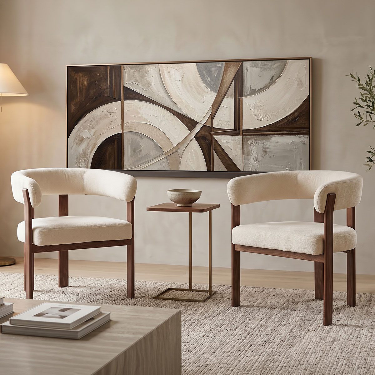Armchair Erebus pakoworld beige fabric with walnut metal leg 64x55x76.5cm