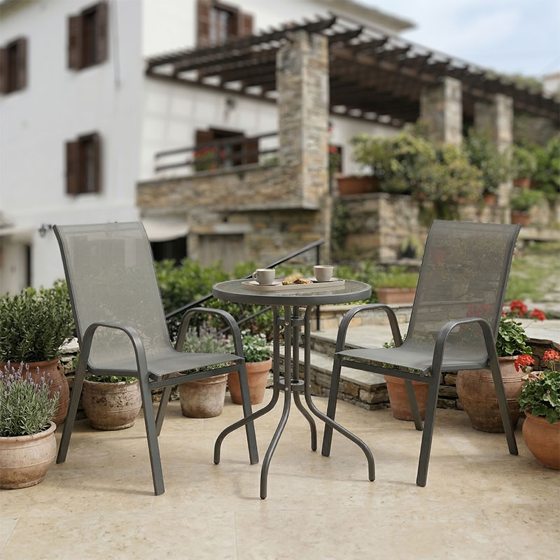 Tραπεζαρία Calan-Watson σετ 3τεμ μέταλλο γκρι και γυαλί tempered Φ60x70εκ