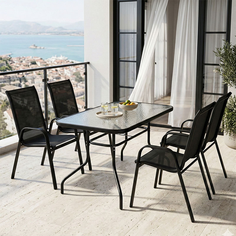 Τραπεζαρία Valor-Calan σετ 5τεμ μέταλλο μαύρο-γυαλί-textilene μαύρο 110x60x70εκ