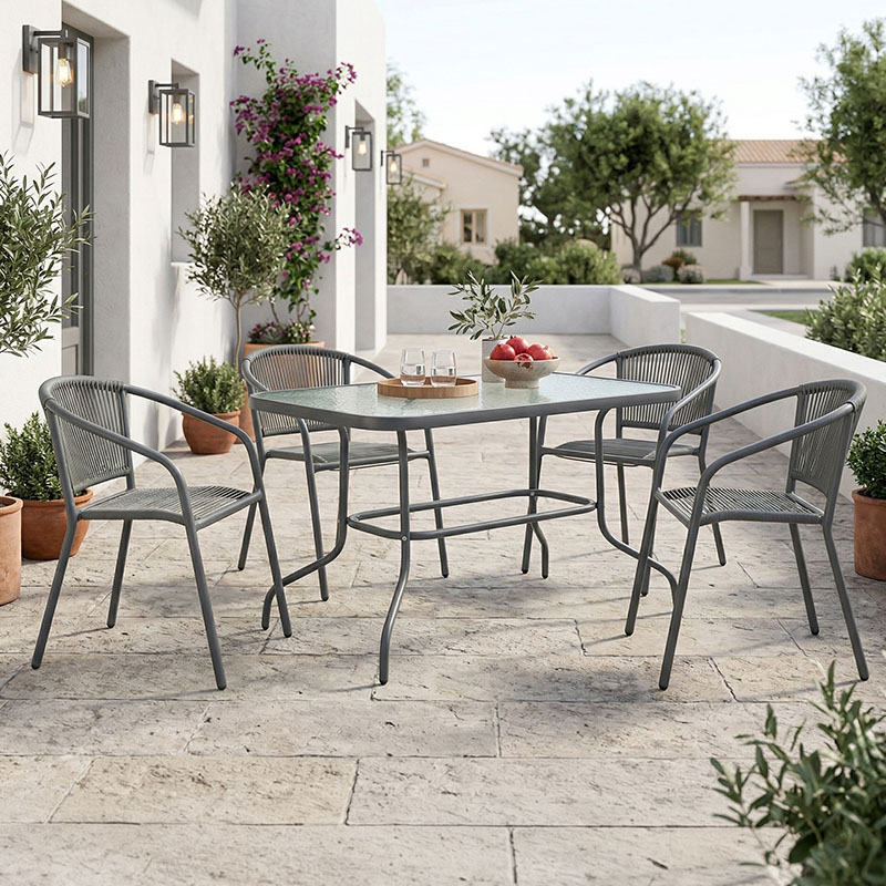 Τραπεζαρία Valor-Lindaria σετ 5τεμ μέταλλο ανθρακί-γυαλί-pe rattan 110x60x70εκ