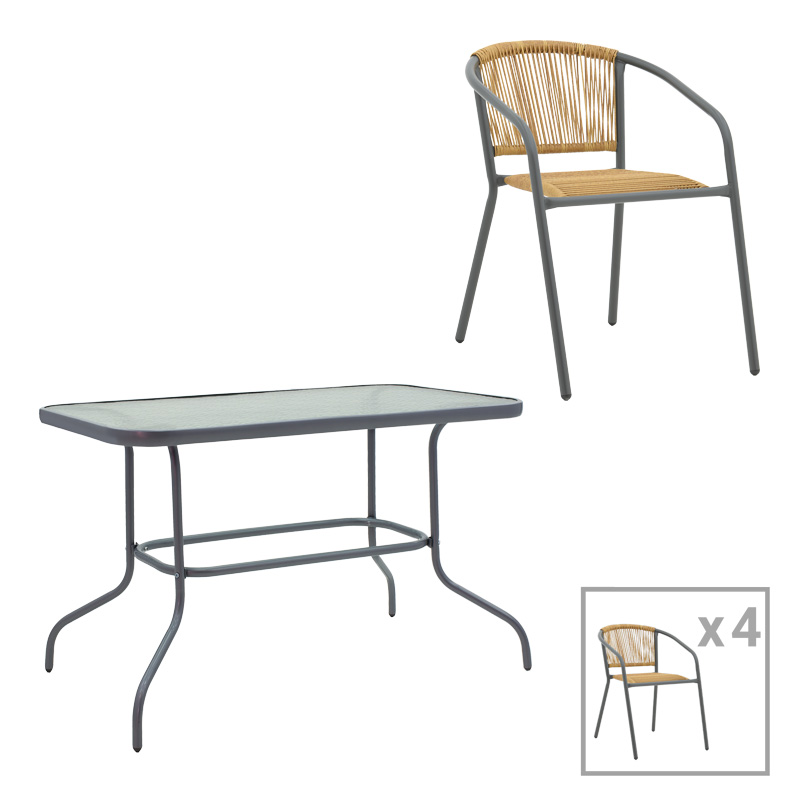 Τραπεζαρία Valor-Lindaria σετ 5τεμ μέταλλο ανθρακί-γυαλί-pe rattan σε φυσική απόχρωση 110x60x70εκ