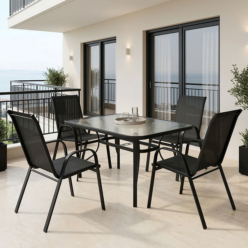 Dining table Calan-Ensure 5pcs metal-glass in black color 140x80x70cm
