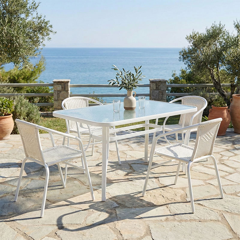 Τραπεζαρία Obbi-Ensure 5τεμ μέταλλο-γυαλί σε λευκή απόχρωση 120x70x70εκ