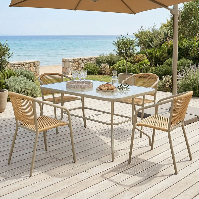 Valor-Lindaria dining set 5pcs metal in champagne and pe rattan in natural shade 110x60x70cm