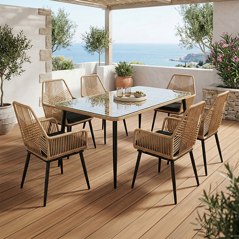 Τραπεζαρία Naoki-Tanish σετ 7τεμ μέταλλο μαύρο-pe φυσικό-γυαλί 160x90x78εκ