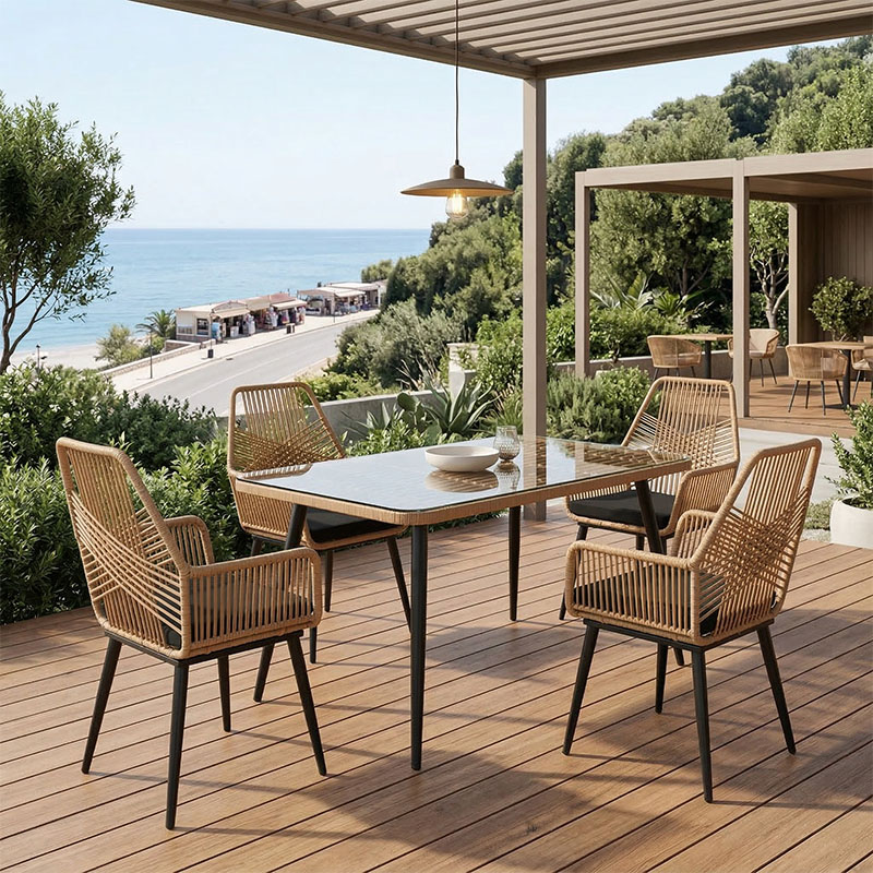 Τραπεζαρία Naoki-Tanish σετ 5 τεμ γυάλινο- pe rattan σε φυσική απόχρωση με μαυρα πόδια 140x80x78εκ