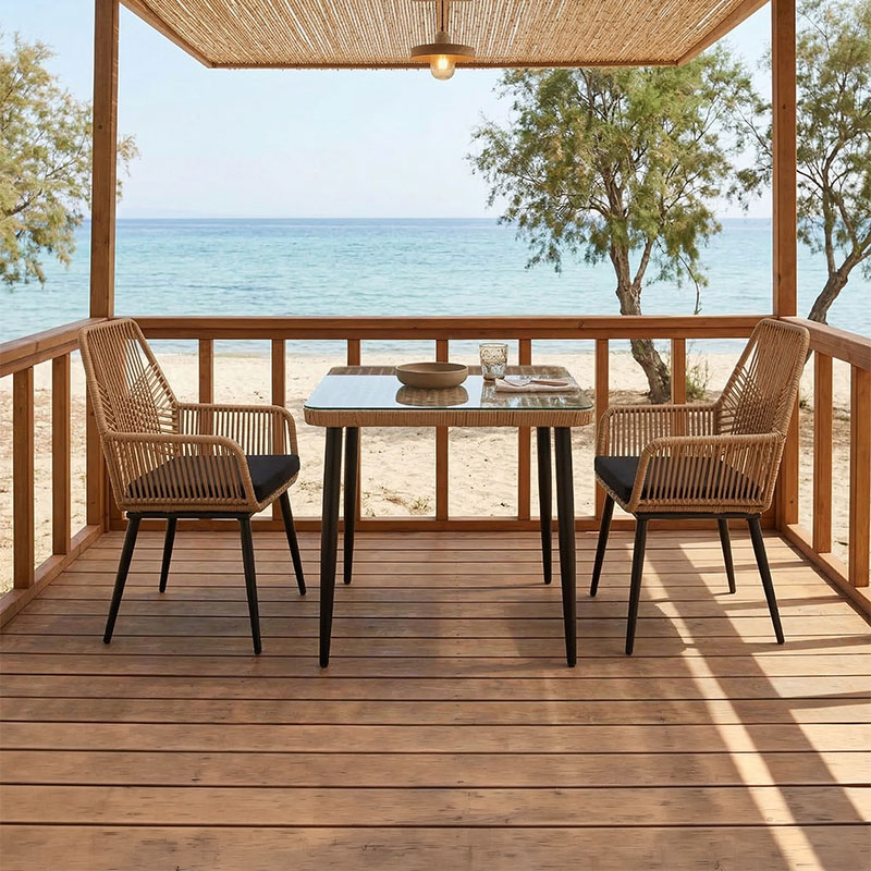 Τραπεζαρία Naoki-Tanish σετ 3 τεμ μέταλλο μαύρο-pe φυσικό-γυαλί 80x80x78εκ