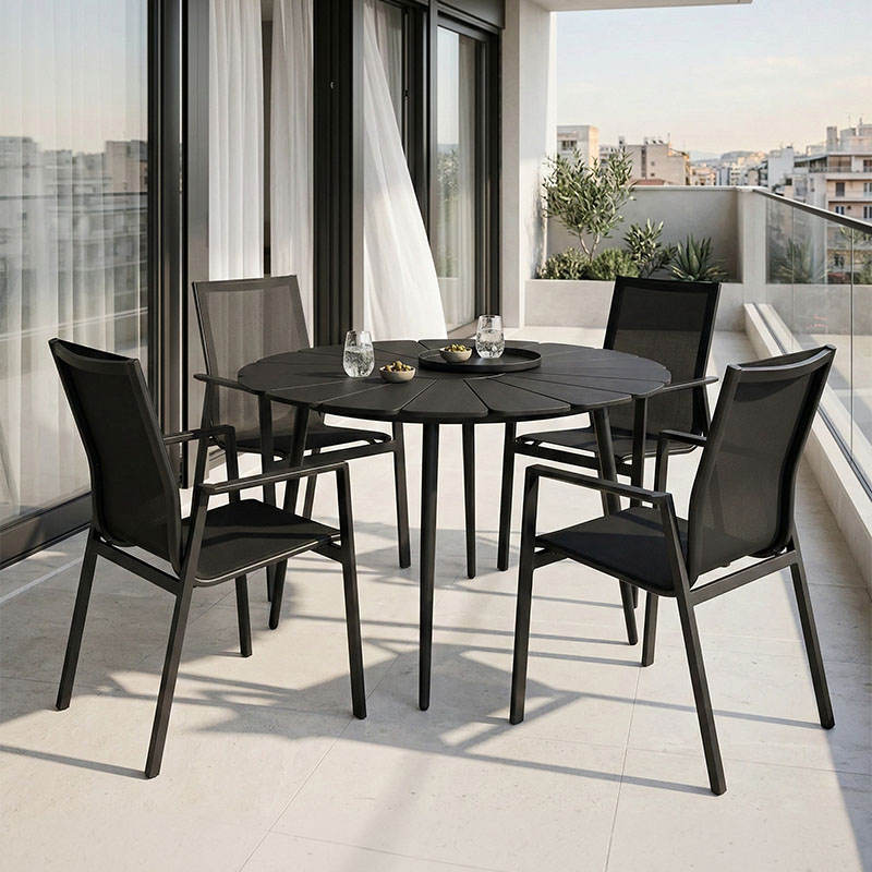 Pinap-Dashiell dining table set of 5 pcs black aluminum and plywood in black shade Φ110x74cm