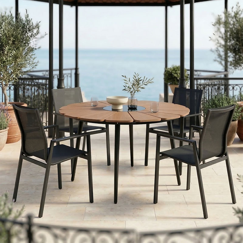 Τραπεζαρία Pinap-Dashiell σετ 5τεμ μαύρο αλουμίνιο και plywood σε φυσική απόχρωση Φ110x74εκ