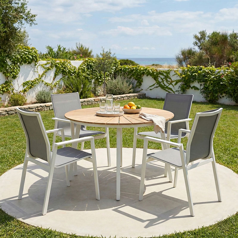 Pinap-Dashiell dining table set of 5 pcs white aluminum and plywood in natural shade Φ110x74cm