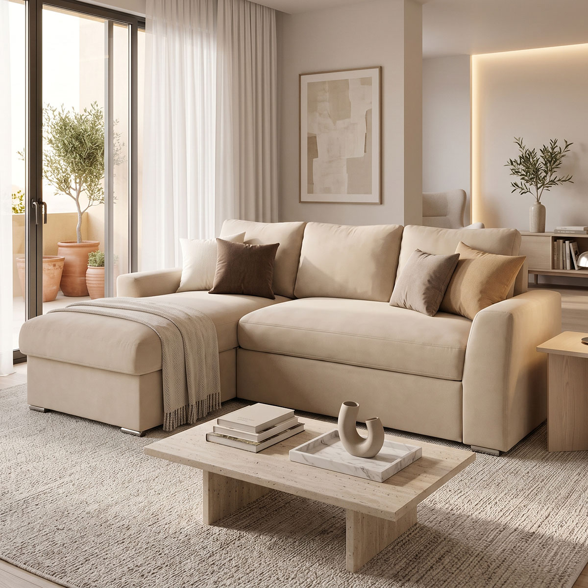 Belle pakoworld reversible corner sofa bed beige fabric 236x164x88cm
