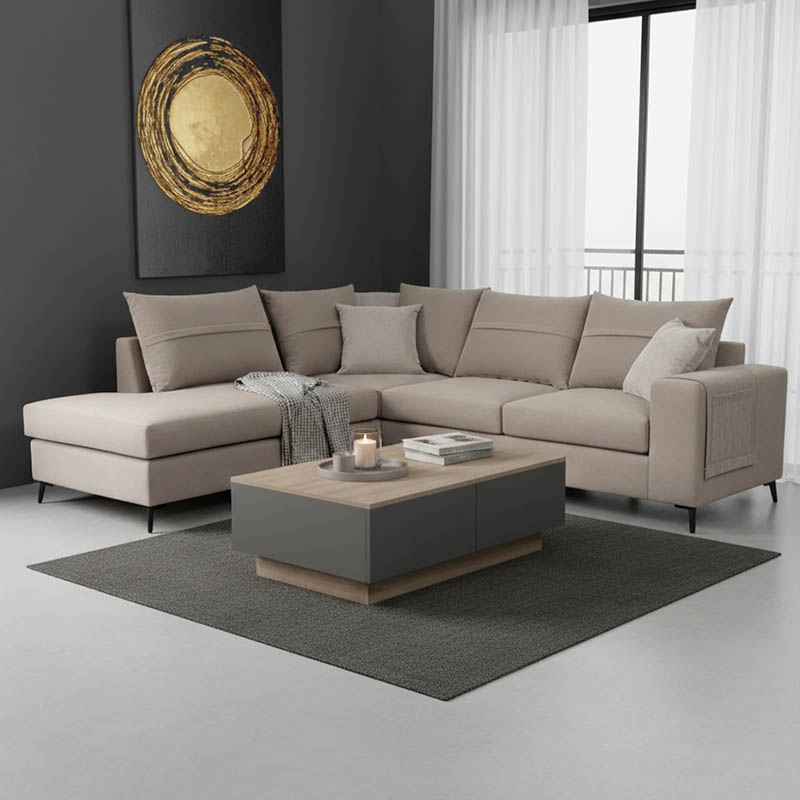Right corner sofa Montana grey-beige fabric-light grey cushions 275x215x93cm