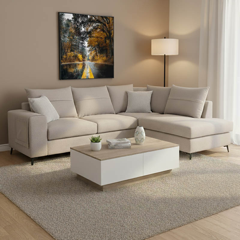 Left corner sofa Montana grey-beige fabric-light grey cushions 275x215x93cm