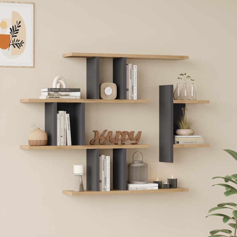 Wall shelf Ledia oak with anthracite color 110.6x14.5x78cm