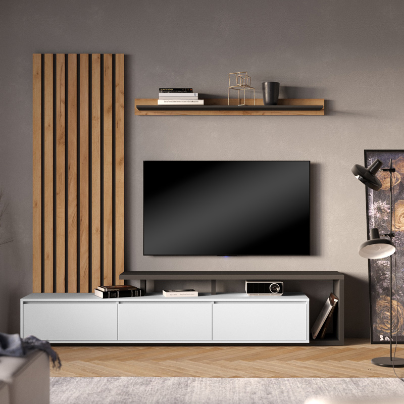 Σύνθετο σαλονιού Claironse σε φυσική απόχρωση-ανθρακί-ανοιχτό γκρι 225x37.6x210εκ