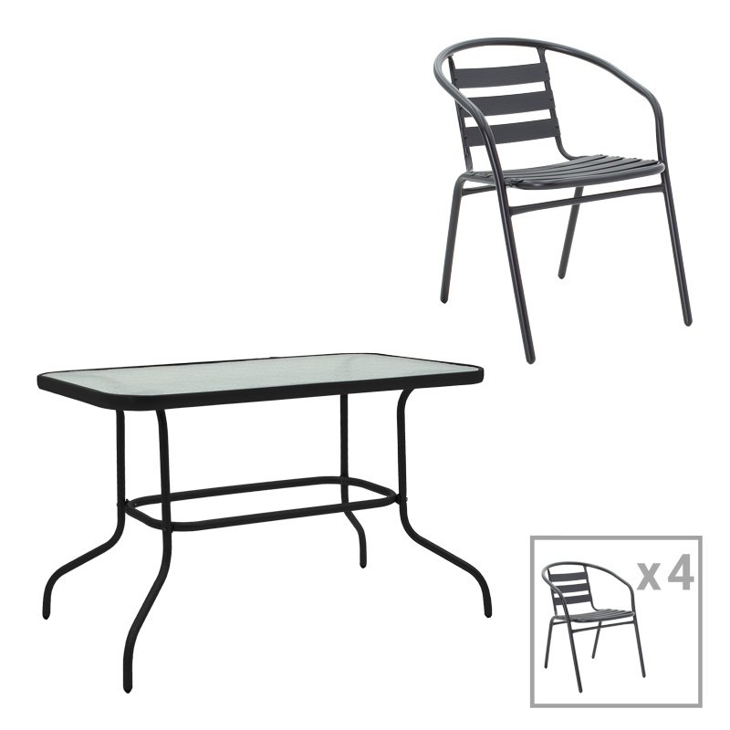 Garden dining table Valor-Tade set of 5 pcs metal black-glass 110x60x70cm