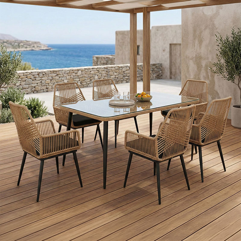 Naoki-Tanish dining table set of 7 natural rattan-black metal-glass 160x90x78cm