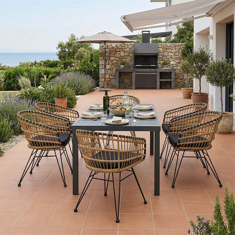 Τραπεζαρία Naoki-Kliton B σετ 7τεμ ανθρακί αλουμίνιο και pe rattan σε φυσική απόχρωση 150x80x74εκ