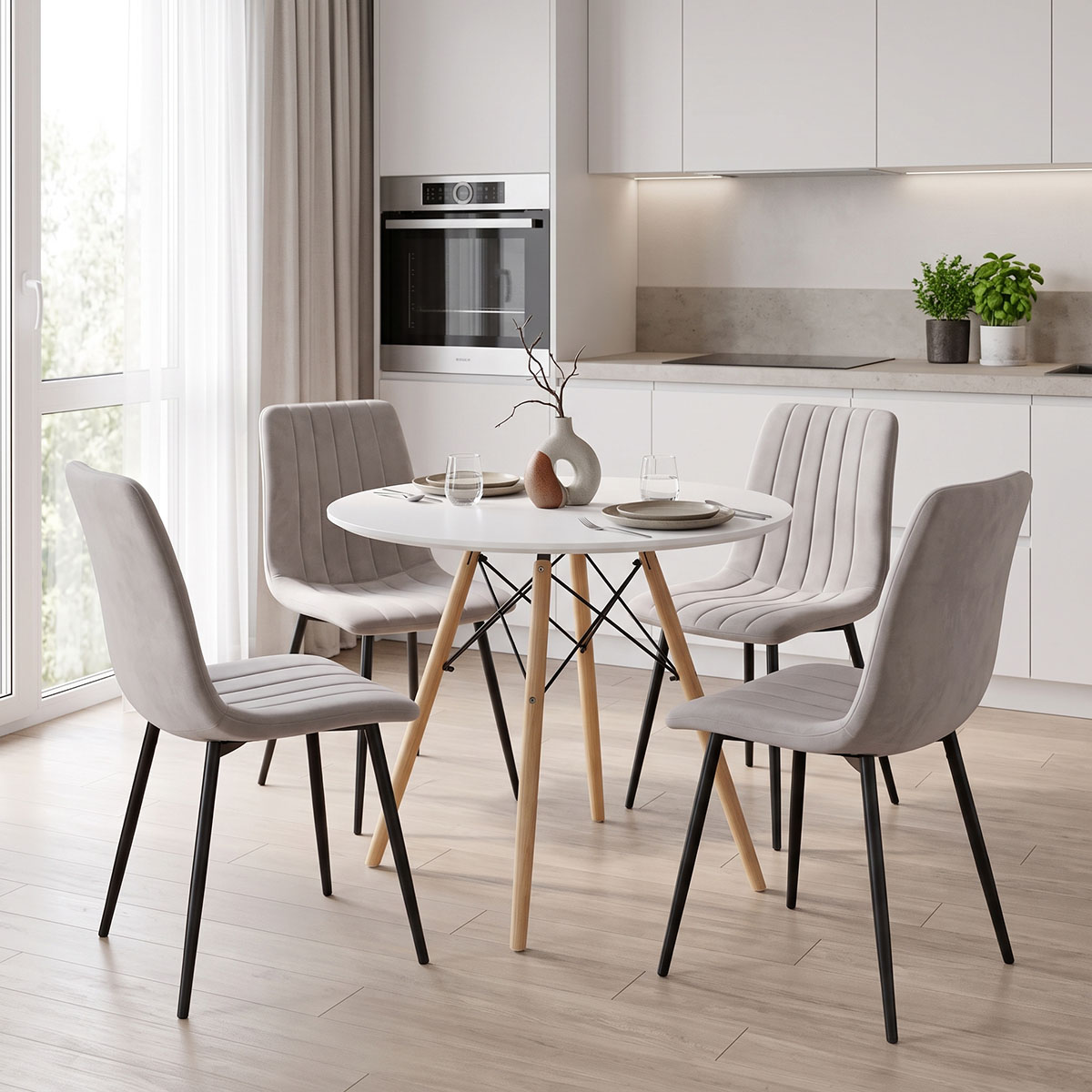 Dining table Julita-Noor pakoworld set of 5 pcs MDF white-grey-natural legs D80x76cm