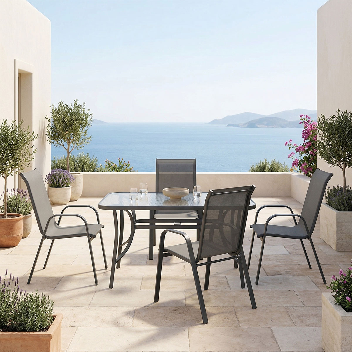 Dining table Ensure Calan set of 5 pieces anthracite metal with glass 120x70x70cm