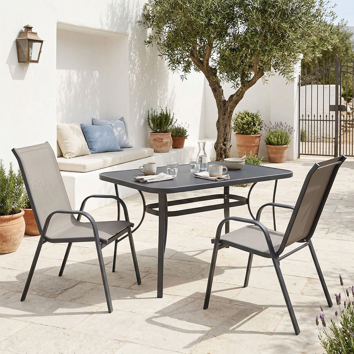 Dining table Ensure Calan set of 3 pieces anthracite metal with glass 120x70x70cm