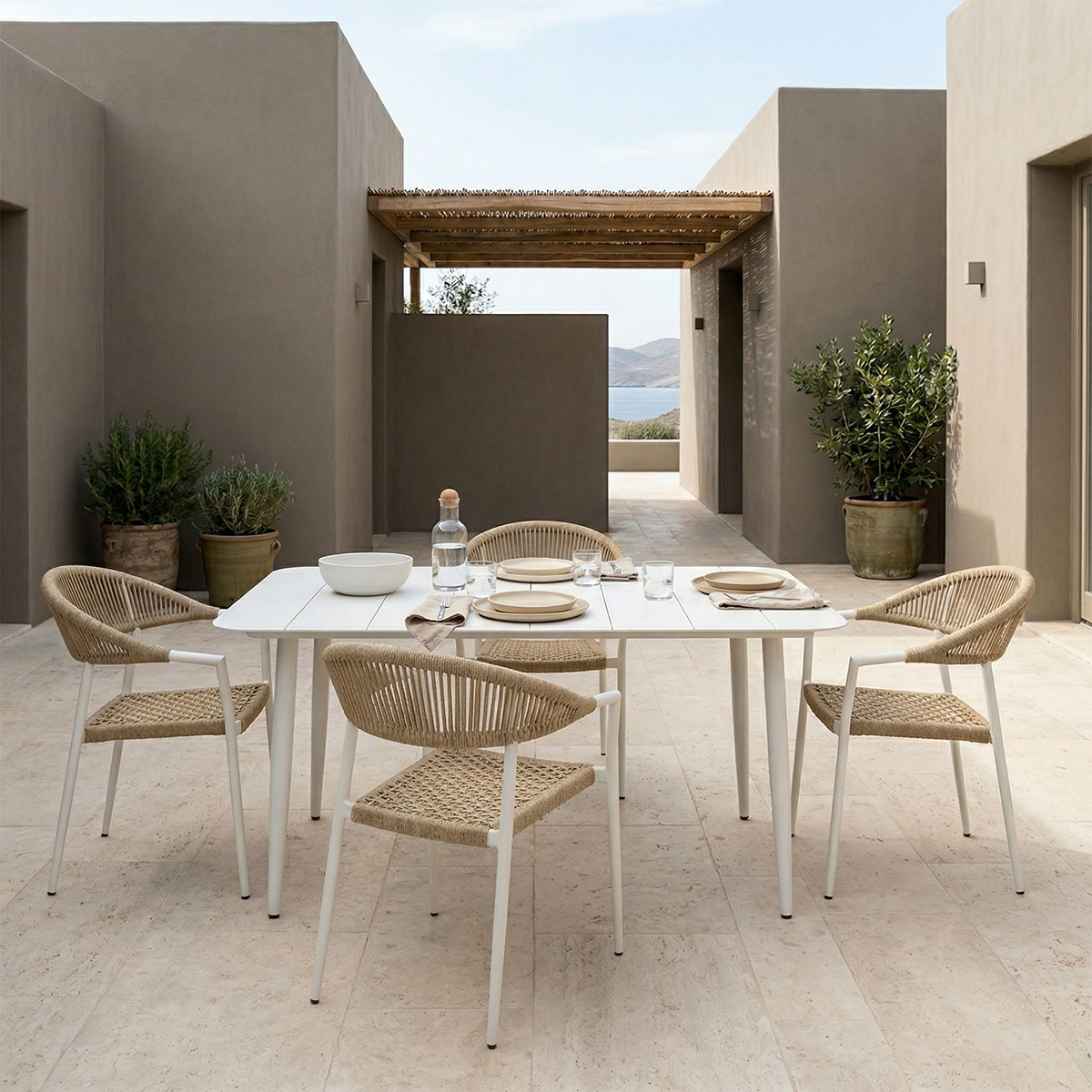 Dining set Ammos Vista set of 5 peices white aluminum frame with PE rope in natural shade 150x80x72cm