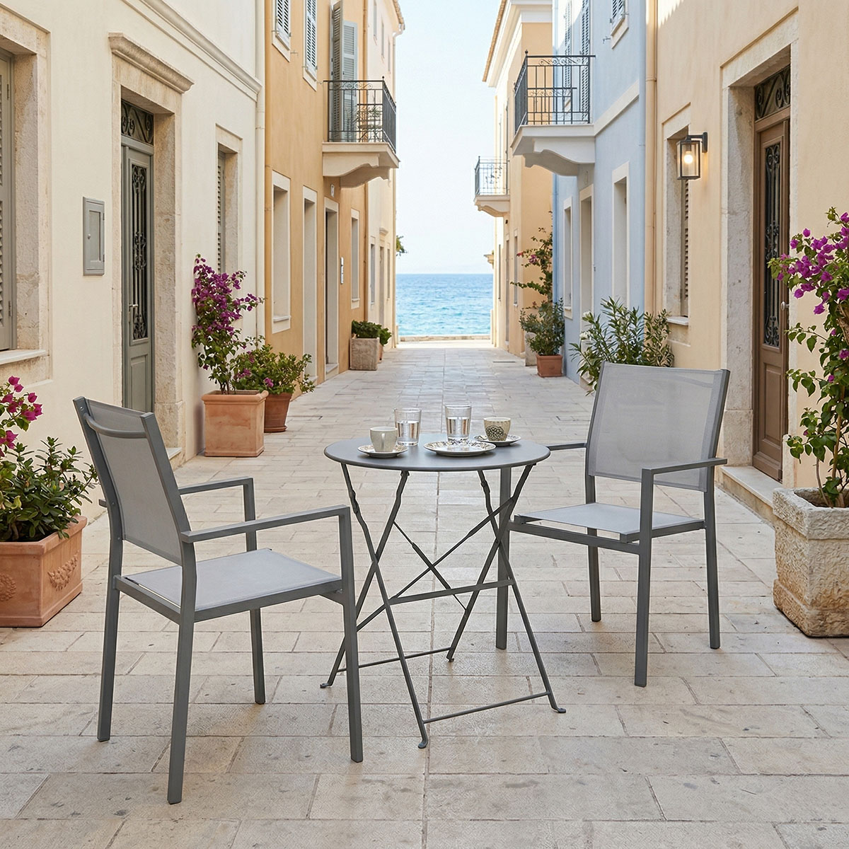 Bistro Confidence dining 3-piece set anthracite metal frame with gray textilene D60×71 cm