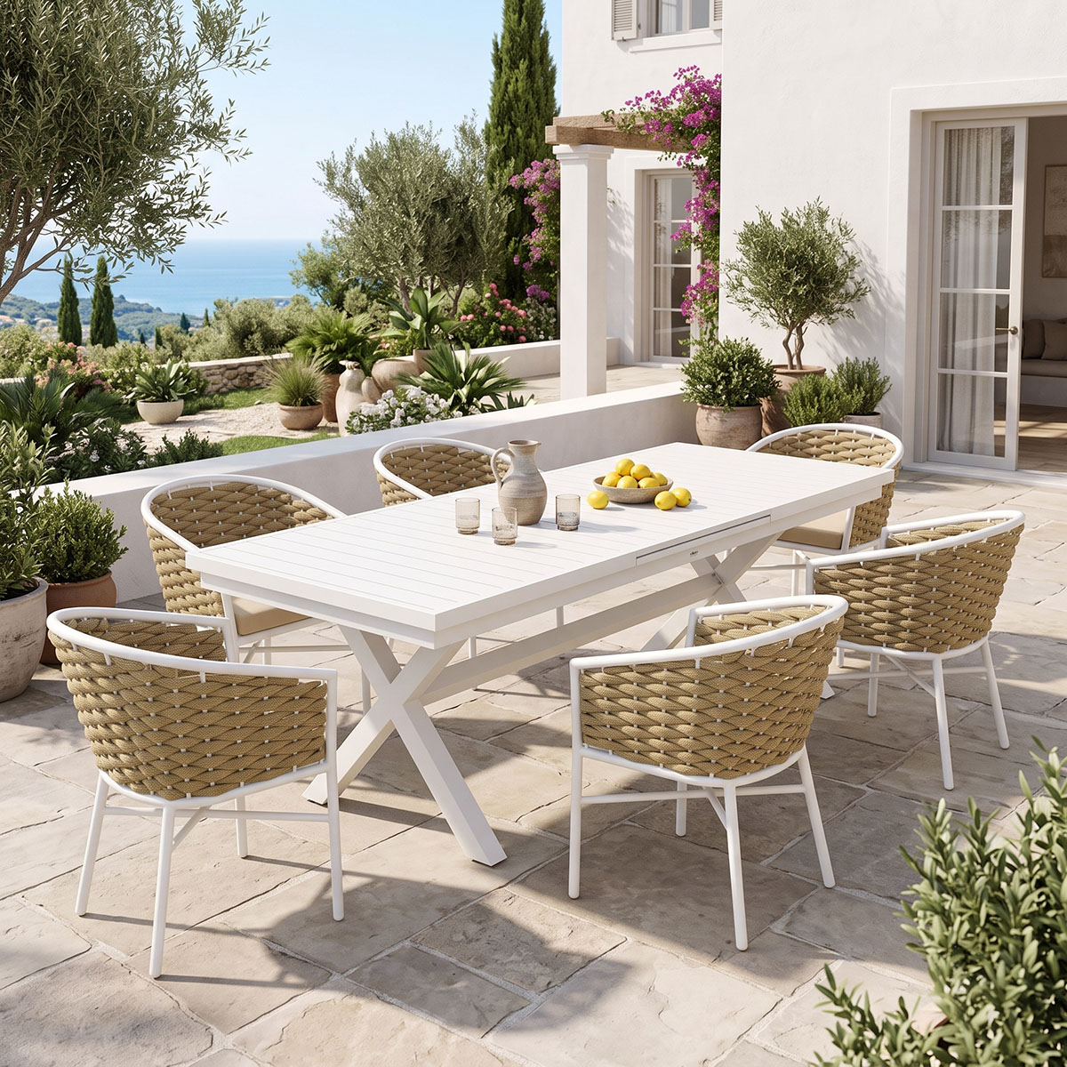 Dining set Dagyn Noevo pakoworld set 7pcs white aluminum with PE rope in natural shade 180-240x90x76cm