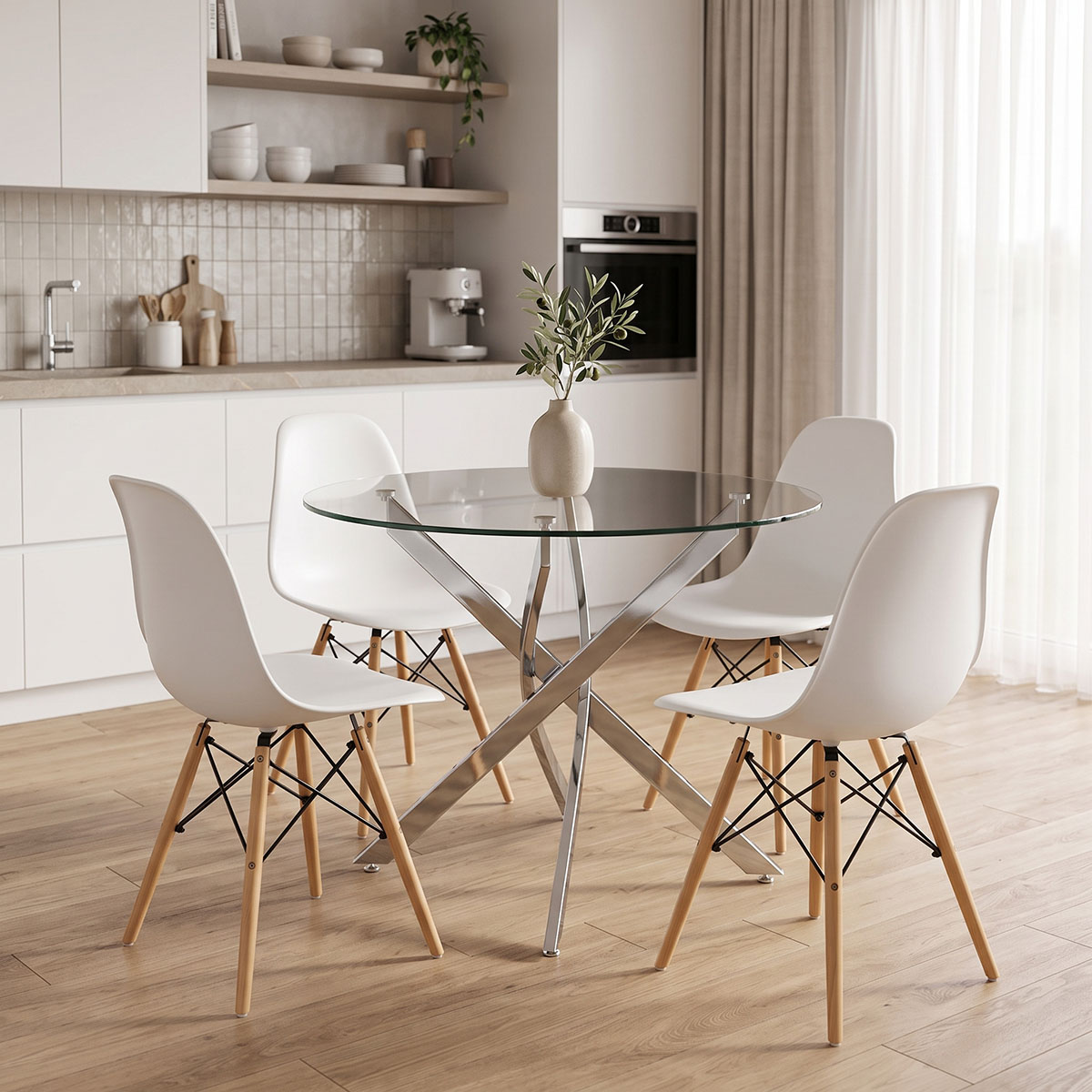 Julita dining set with white Chairs and Antoro glass table with chrome base Ø80x75cm 5-piece Set