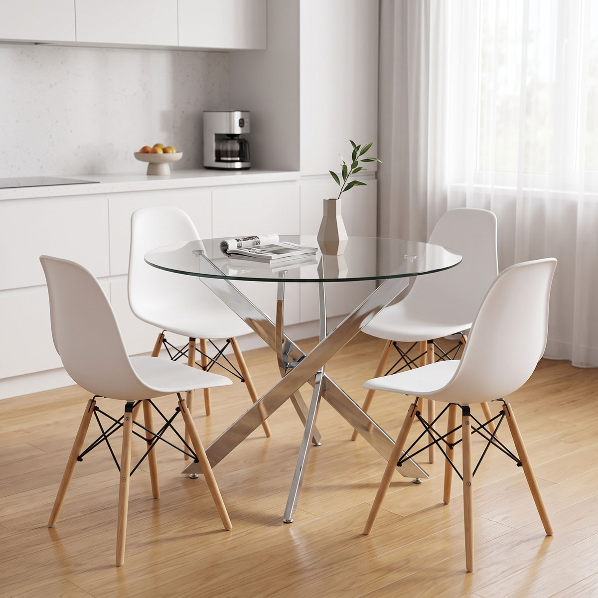 Dining Set with Julita white Chairs and Antoro Table glass with chrome base Φ100x75cm Set 5pcs