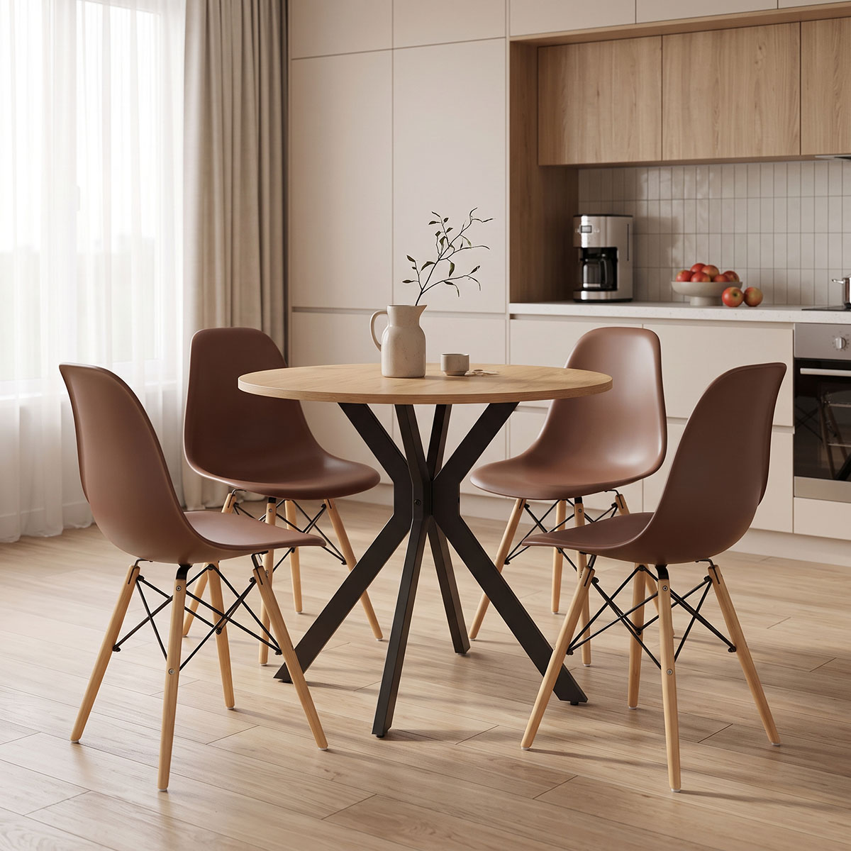 Julita dining set with brown Chairs and Xuson table in natural finish Ø80x75cm 5-piece Set