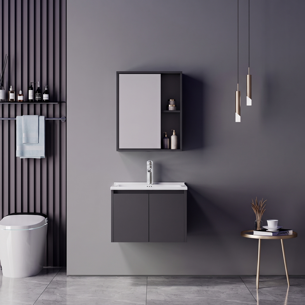 Chinky Mentis pakoworld vanity with washbasin faucet and mirror in anthracite and chrome