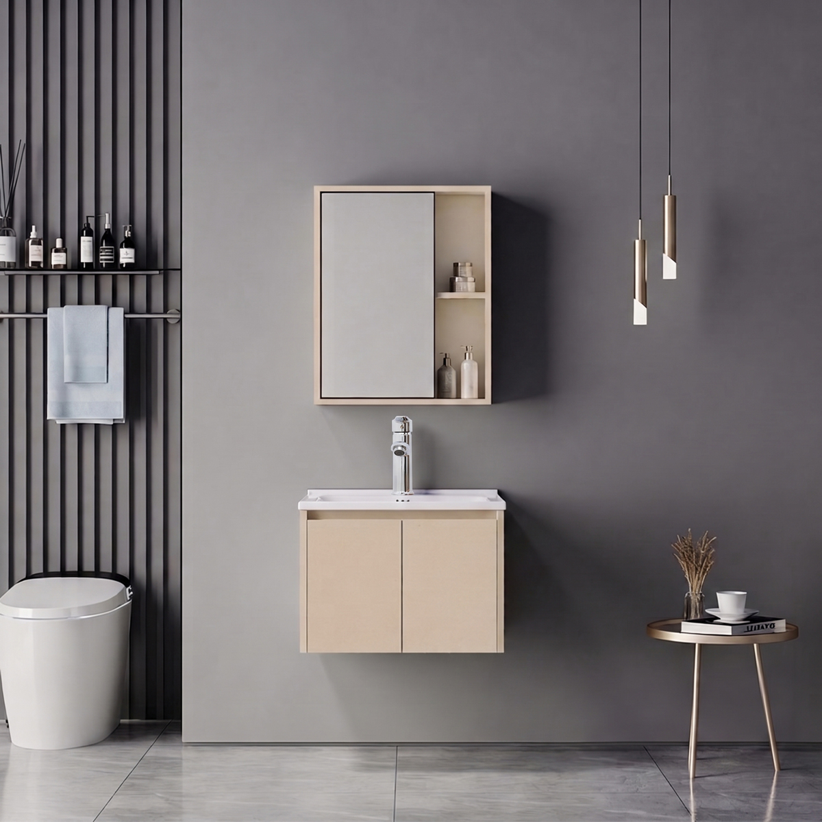 Chinky Mentis pakoworld vanity with washbasin faucet and mirror in cappuccino and chrome