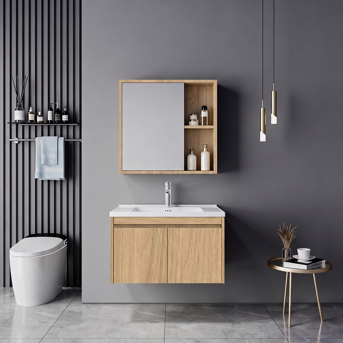 Sinkea Mentis pakoworld vanity with washbasin faucet and mirror in oak and chrome