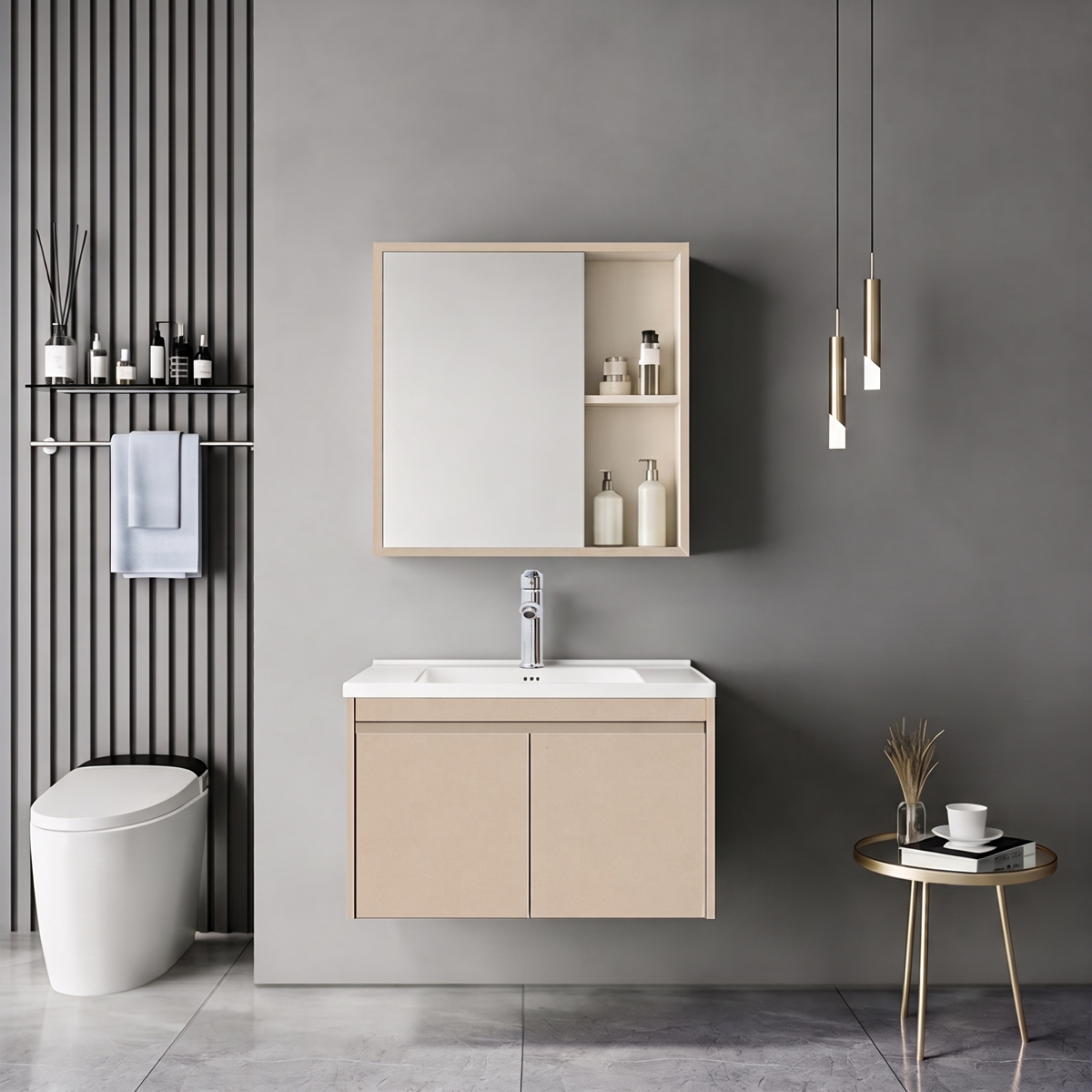 Sinkea Mentis pakoworld vanity with washbasin faucet and mirror in cappuccino and chrome